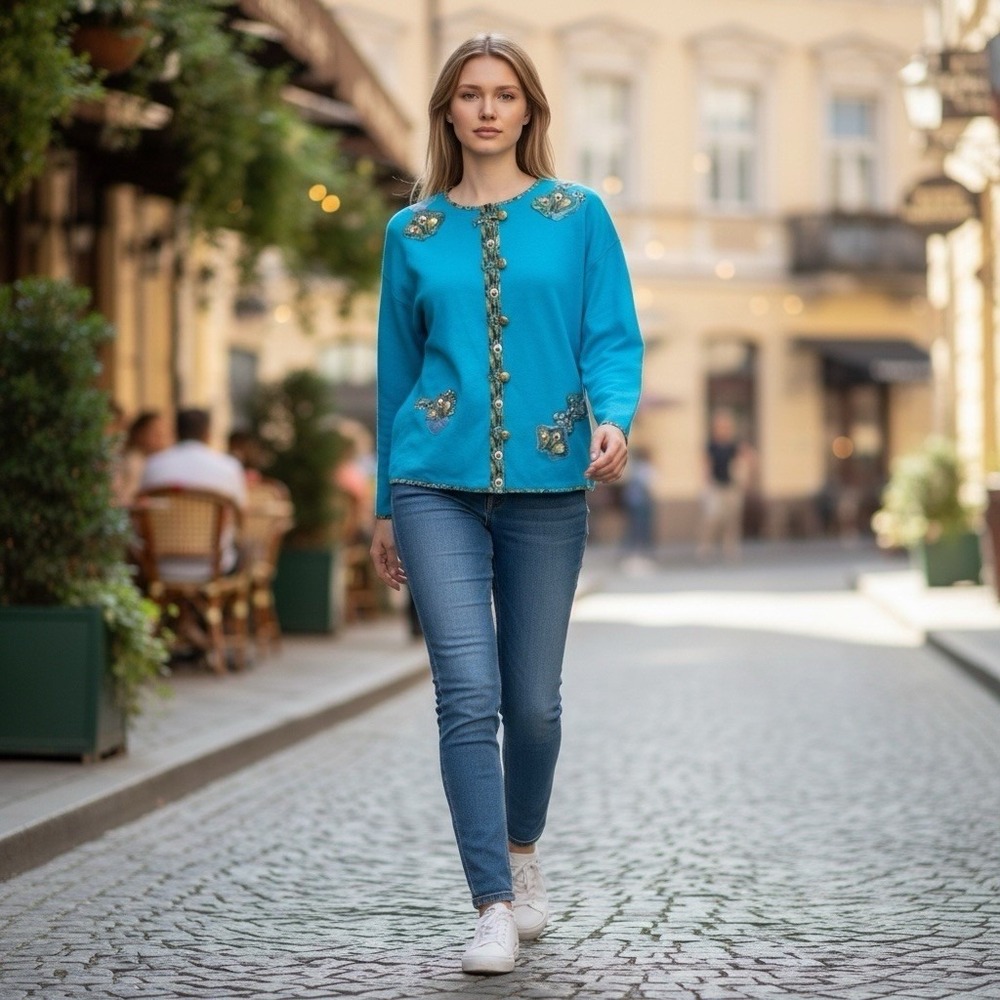 UPCYCLED Teal Sweatshirt Cardigan Sz M Boho Patchwork Wearable Art Peacock